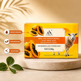 AA Skincare Mild and Moisturizing Goat Milk Soap with papaya and orange packaging, featuring papaya illustrations and a sheep on a stone pedestal.