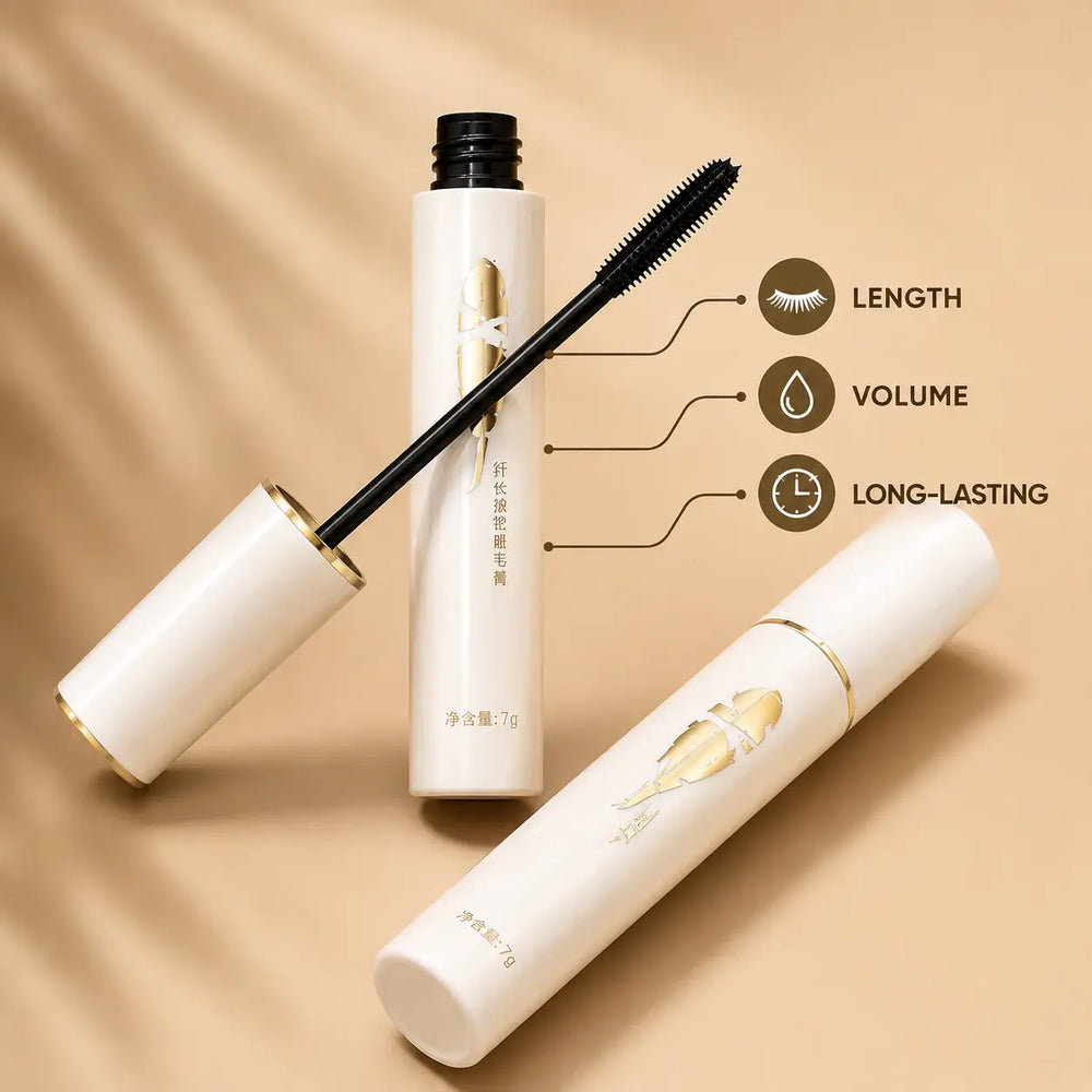 BCM O KOL white and gold eyelash mascara with applicator wand, highlighting length, volume, and long-lasting wear.
