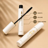 BCM O KOL white and gold eyelash mascara with applicator wand, highlighting length, volume, and long-lasting wear.