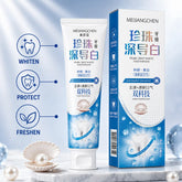 MEIJIANGCHEN Pearl Deep White Toothpaste tube displayed beside its matching blue and white retail box, highlighting whitening, protection, and freshness benefits.