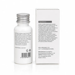 Back view of MOOYAM Snow Bleach 30ml bottle and retail box showing ingredients, directions, and product information