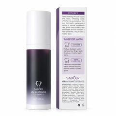 SADOER V34 Whitening Toothpaste bottle displayed beside its packaging box, featuring a white and dark purple design with toothpaste whitening benefits and product details.