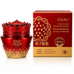 OSAL Cord Blood Peptide Repair Eye Cream in a red and gold luxury jar with crown-shaped lid, displayed beside its matching retail box on a white background.