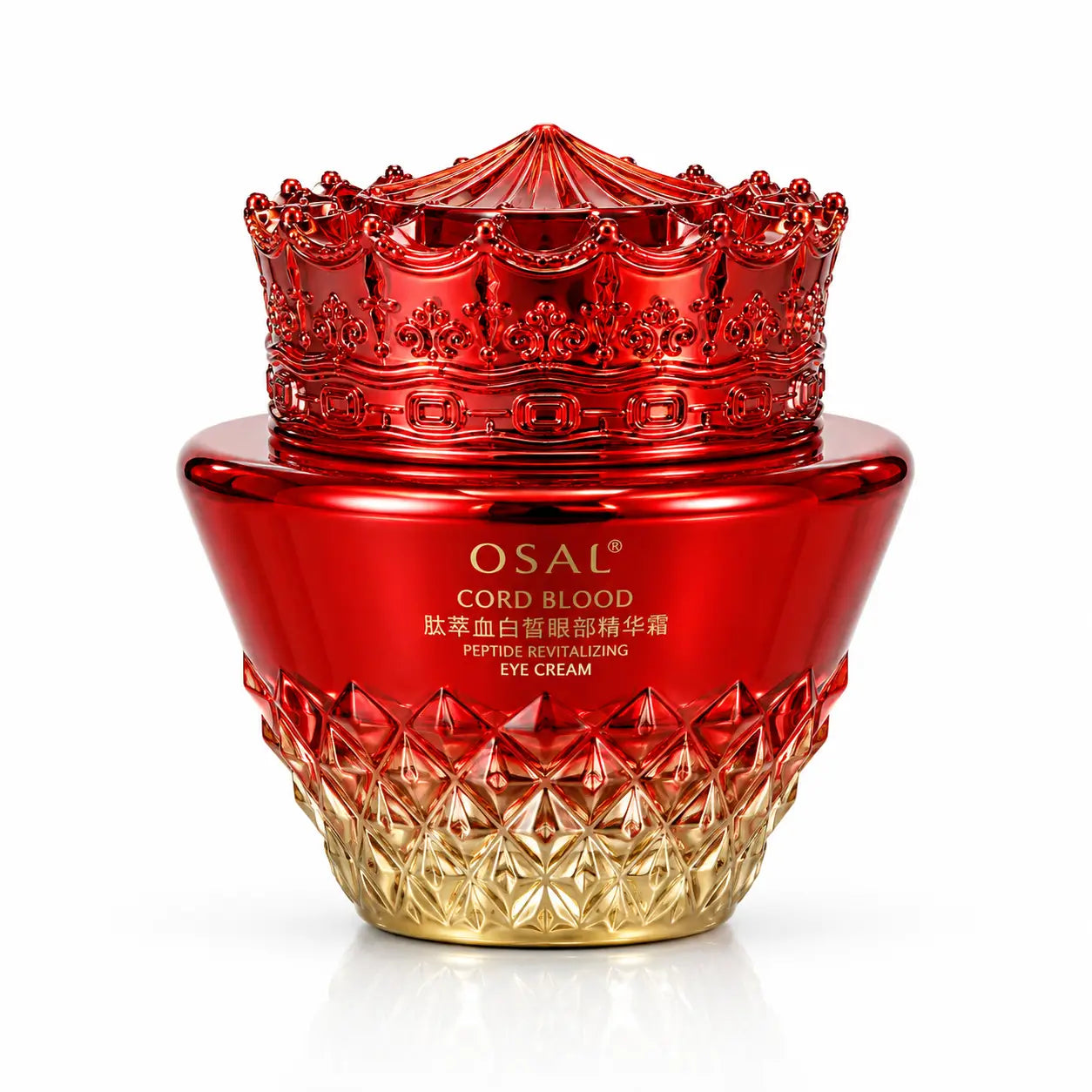 OSAL Cord Blood Peptide Revitalizing Eye Cream in a red and gold faceted jar