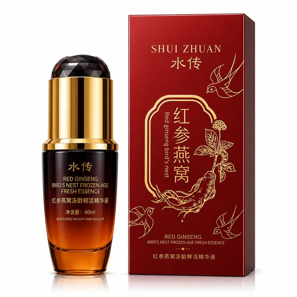 SHUI ZHUAN Red Ginseng Bird's Nest Frozen Age Fresh Essence bottle with red and gold packaging box