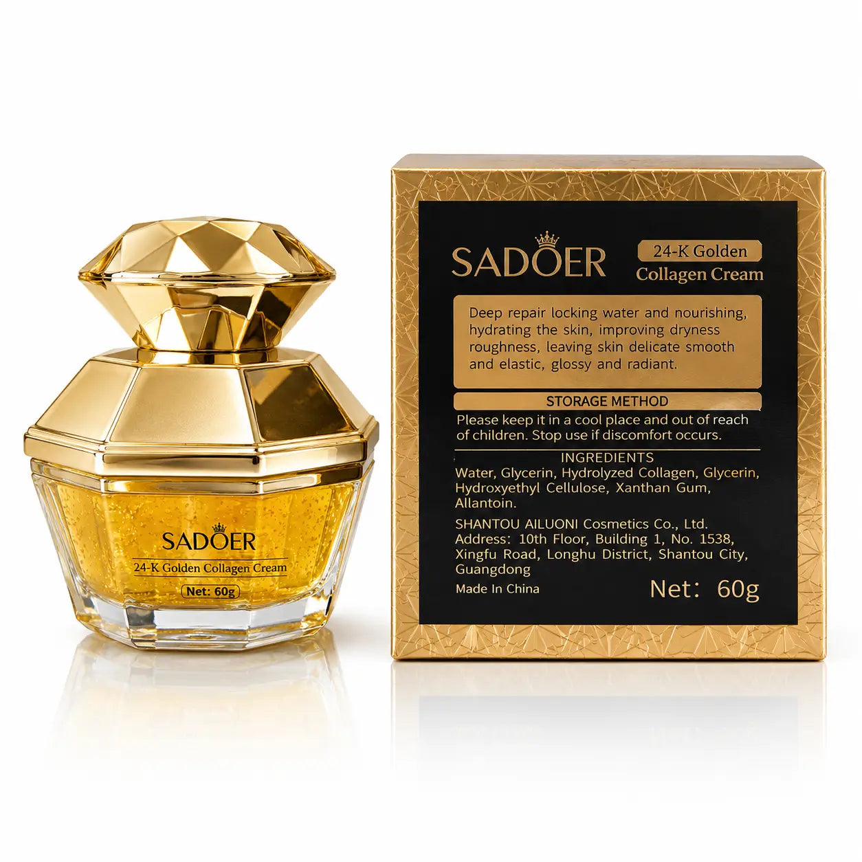 Sadoer 24K Golden Collagen Cream with gold faceted jar and matching retail box
