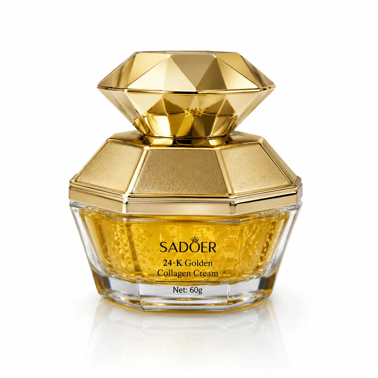 Sadoer 24K Golden Collagen Cream in a clear glass jar with faceted gold cap