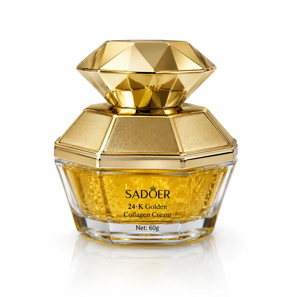 Sadoer 24K Golden Collagen Cream in a clear glass jar with faceted gold cap