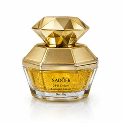 Sadoer 24K Golden Collagen Cream in a clear glass jar with faceted gold cap
