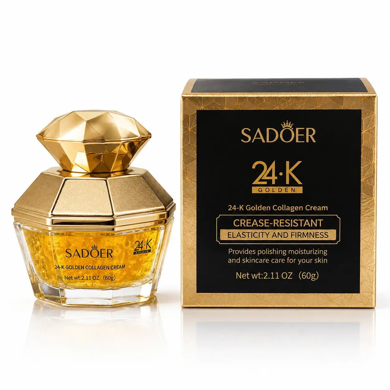 Sadoer 24K Golden Collagen Cream with faceted gold jar and black and gold retail box