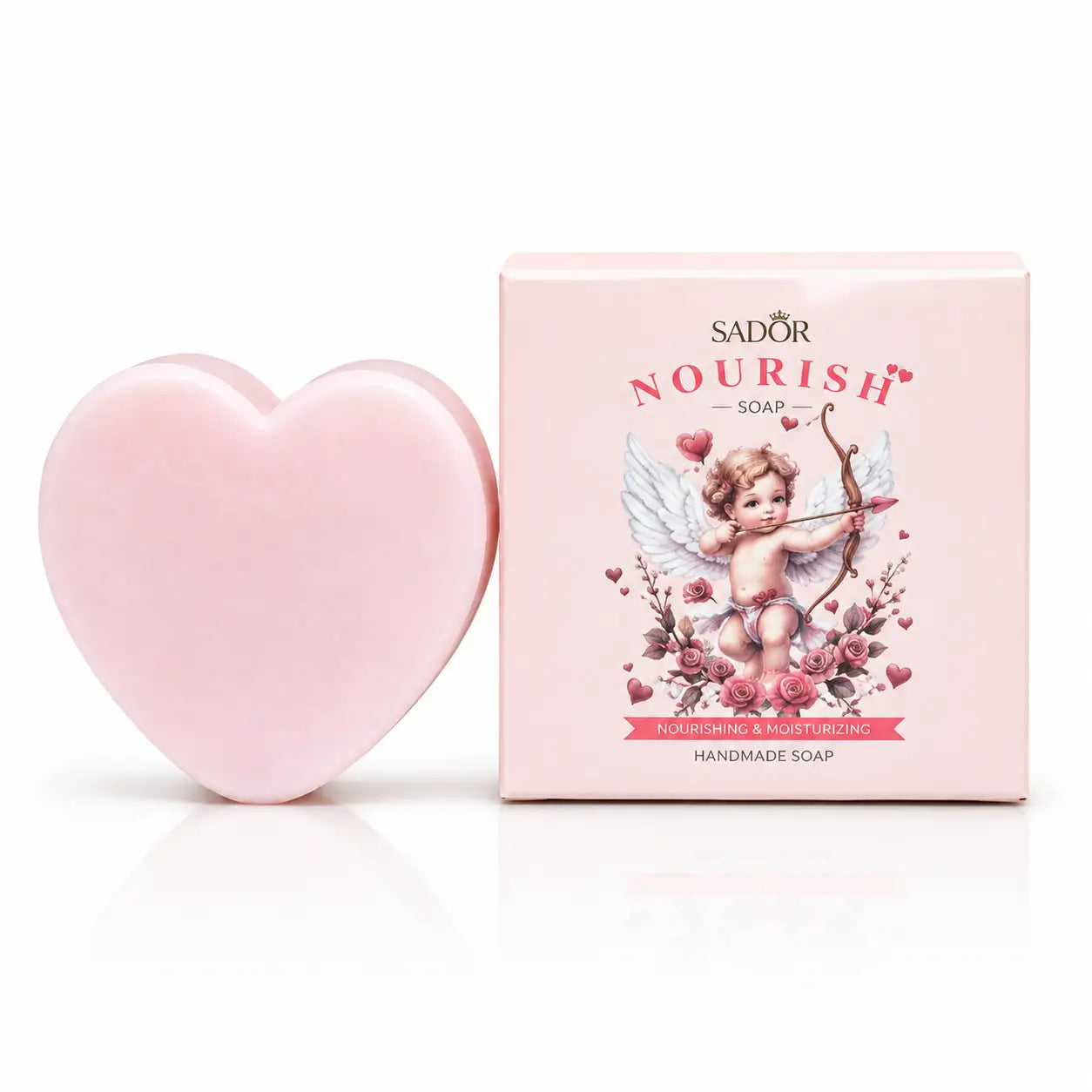 Sadoer Nourish Soap pink heart-shaped bar with cherub design packaging