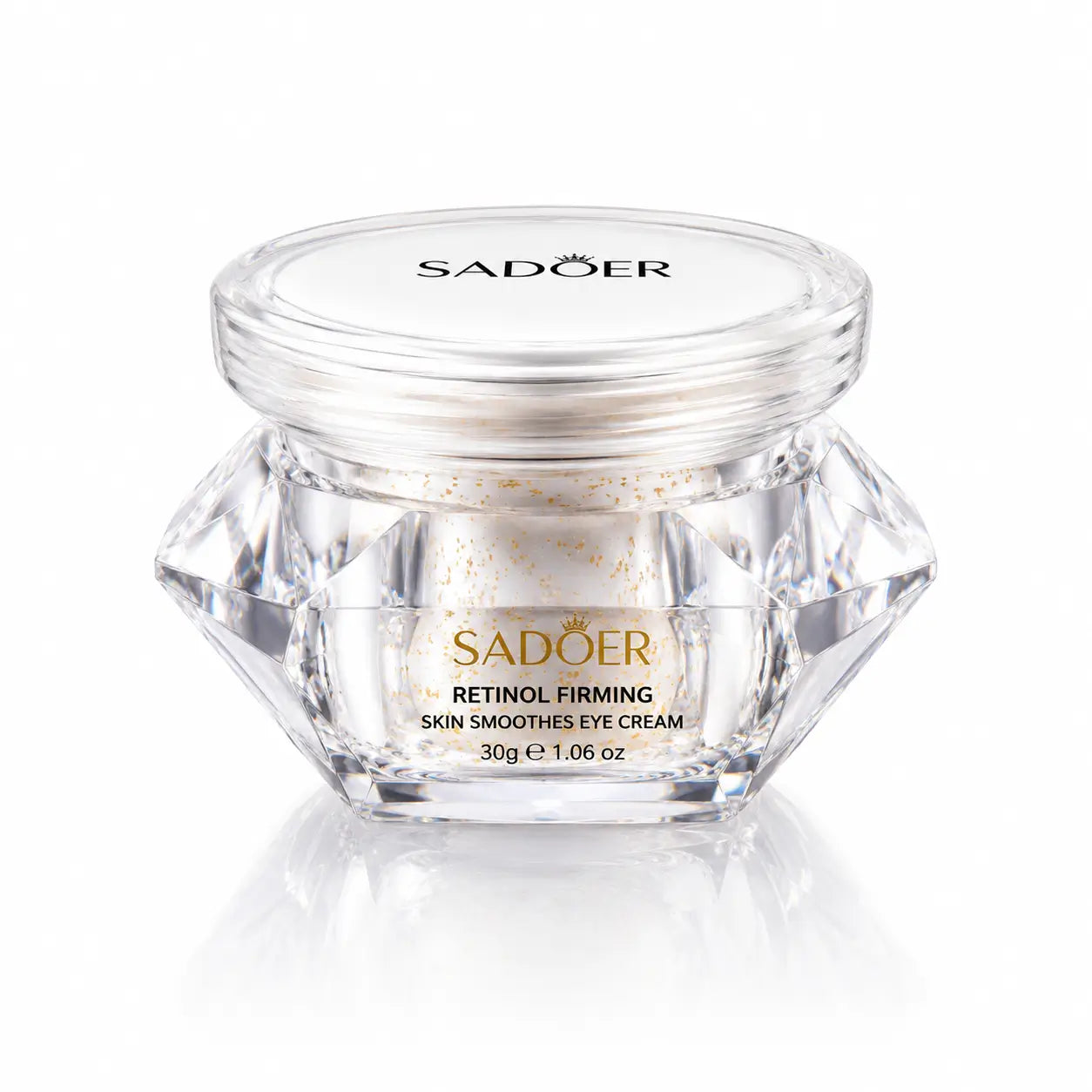 Sadoer Retinol Firming Eye Cream in a clear faceted glass jar