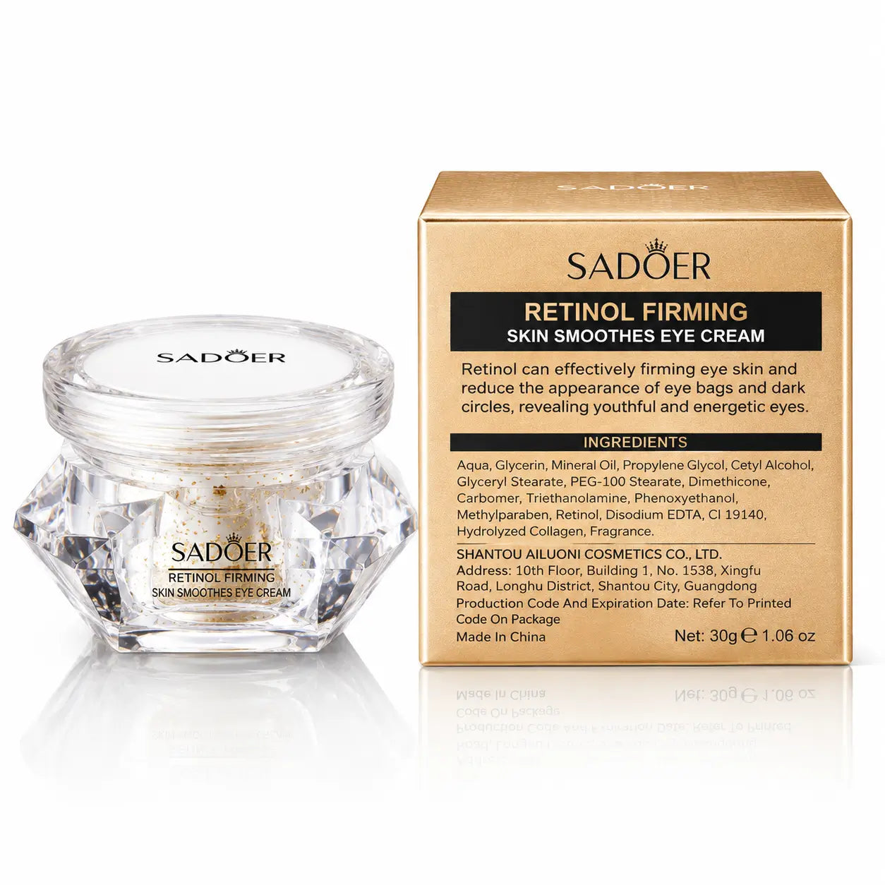 Sadoer Retinol Firming Eye Cream for smoother-looking skin with gold and black packaging