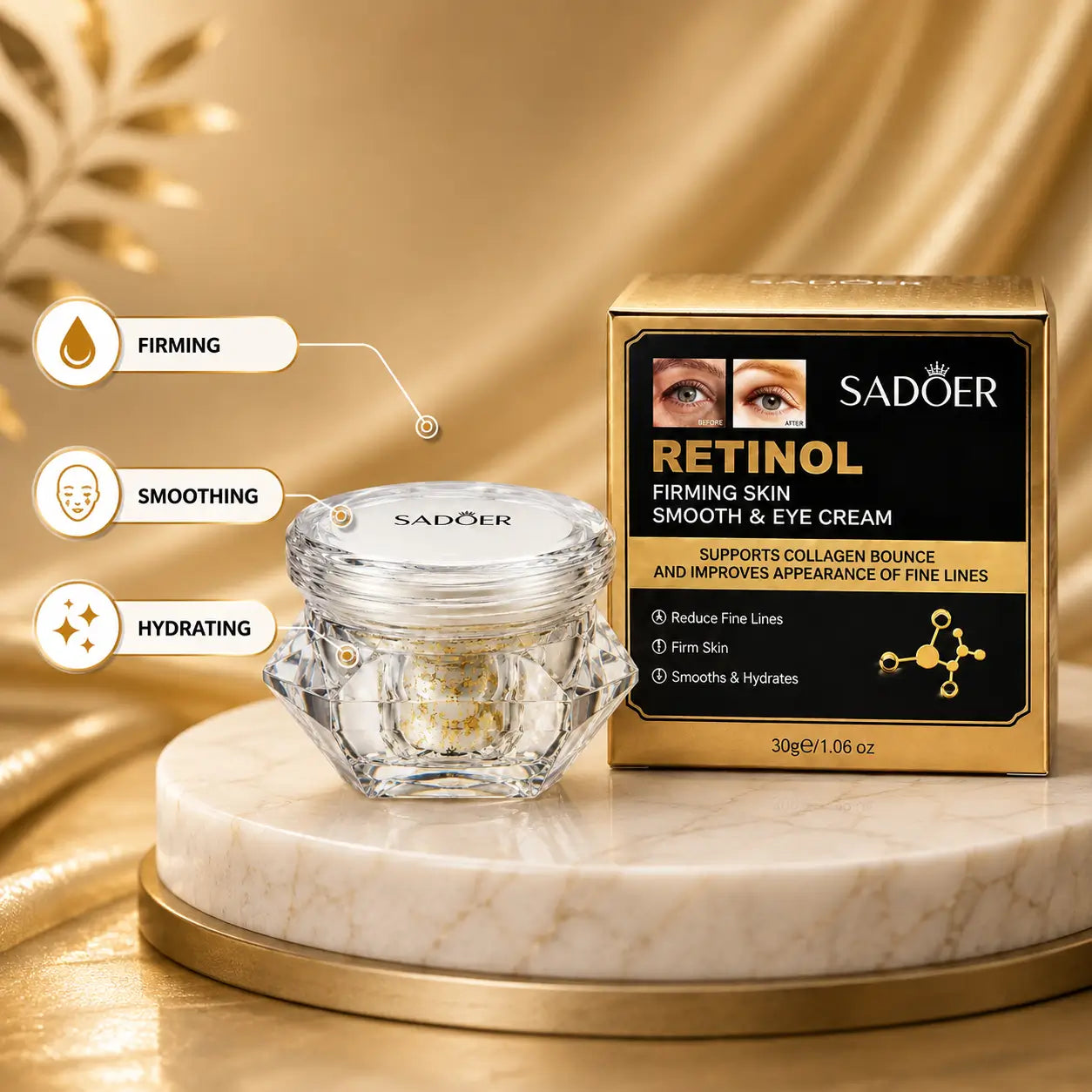 Sadoer Retinol Firming Skin Smooth and Eye Cream in gold and black packaging