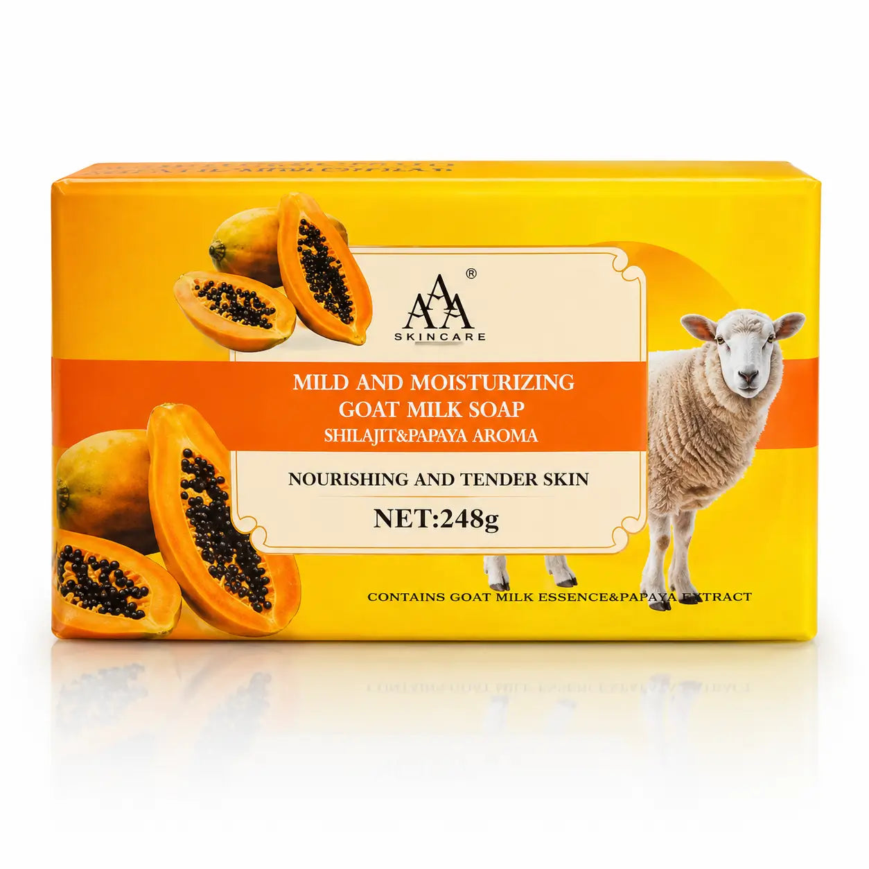 AA Skincare Mild and Moisturizing Goat Milk Soap with papaya and orange aroma, featuring papaya illustrations and a sheep on bright yellow and orange packaging.