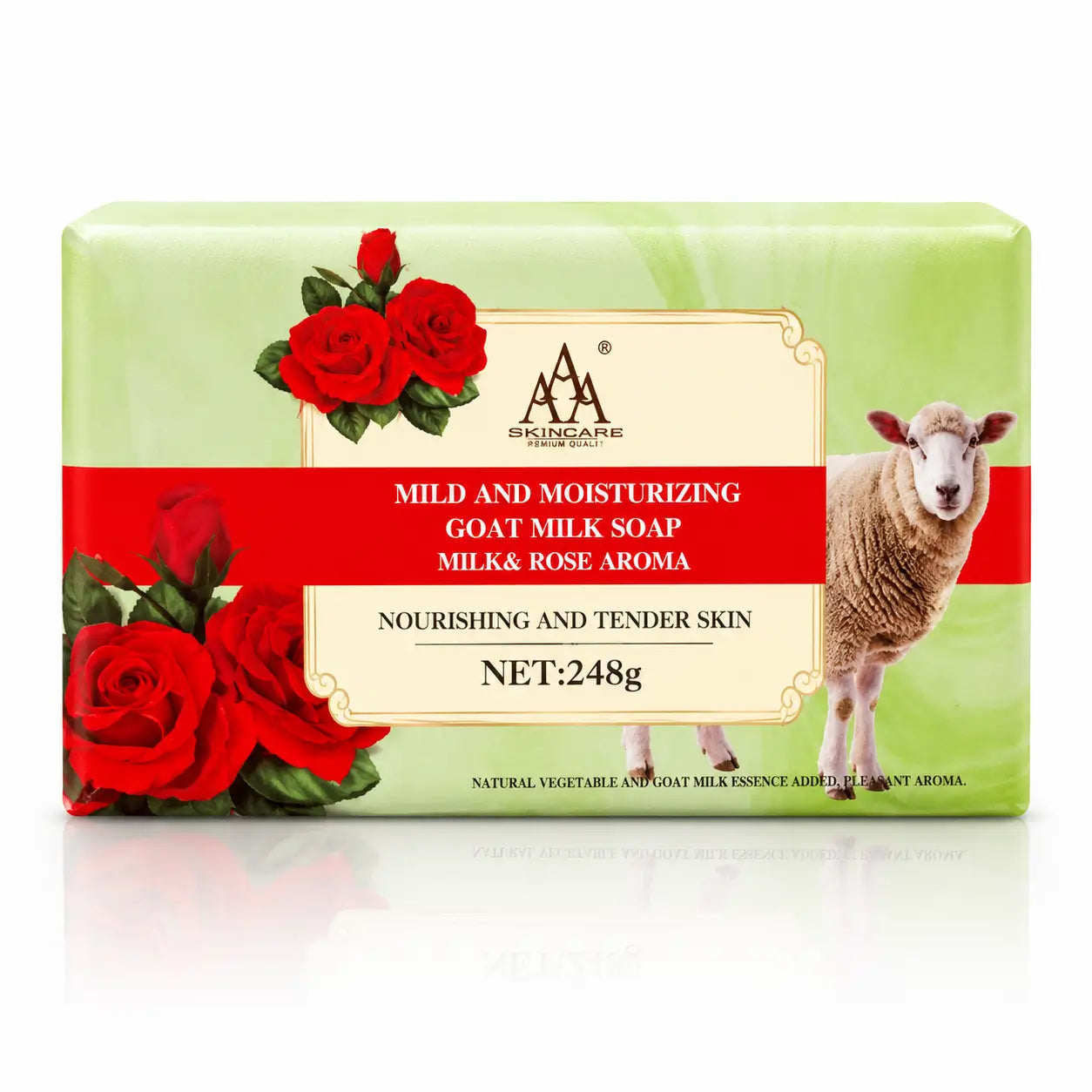 AA Spring Goat Milk and Rose Aroma moisturizing soap in green packaging