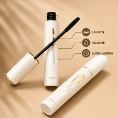BCM O KOL white and gold eyelash mascara with applicator wand, highlighting length, volume, and long-lasting wear.