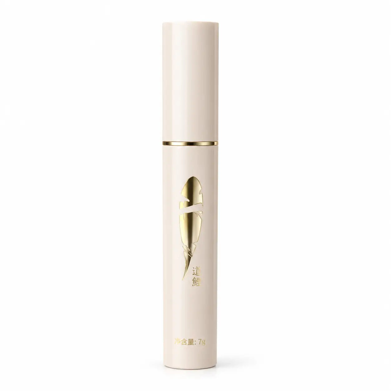 BCM O KOL slim cream-colored mascara tube with a metallic gold emblem and gold accent band on a white background.