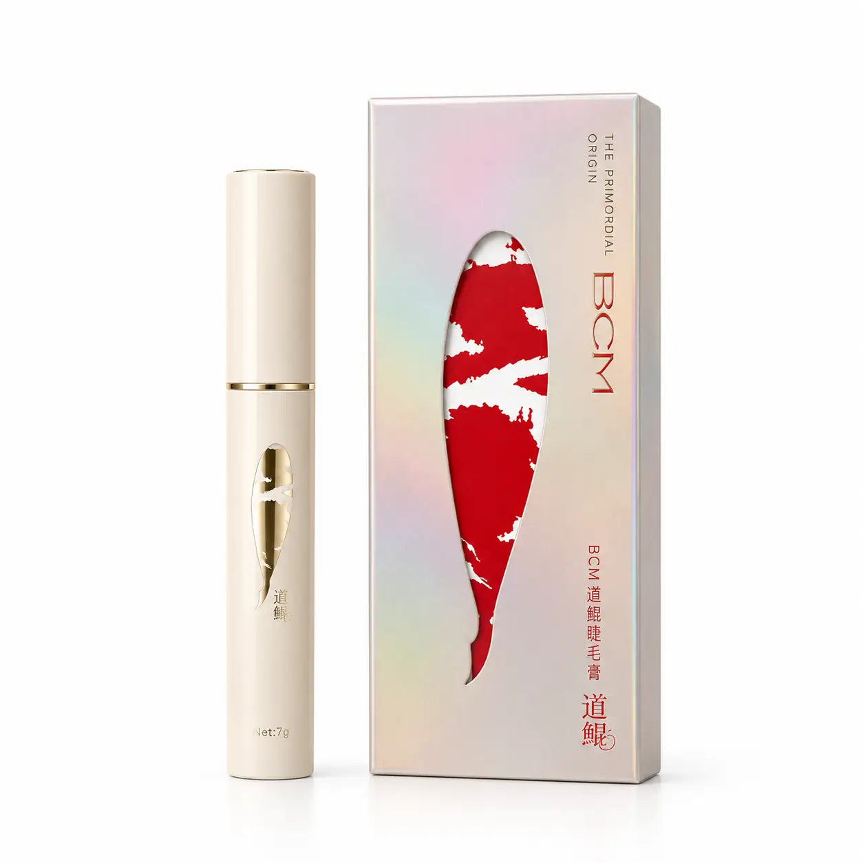 BCM O KOL cream-colored cosmetic tube displayed beside iridescent packaging with a red fish-shaped design on a white background.