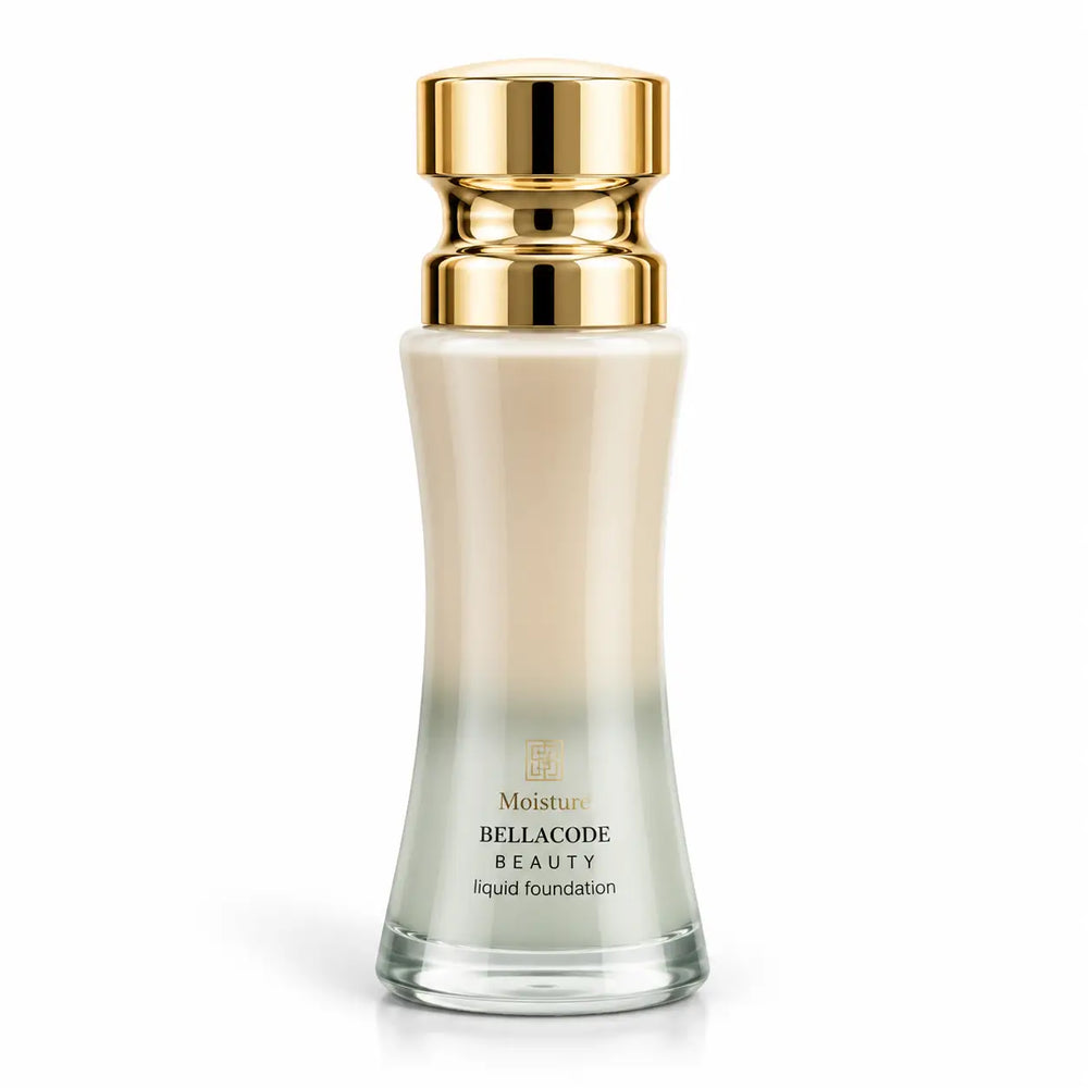 Bellacode Beauty Moisturizing liquid foundation in clear glass bottle with gold cap