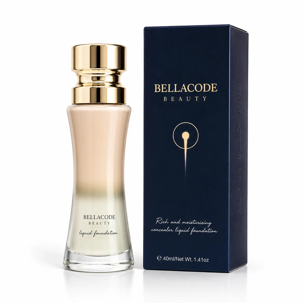 Bellacode Beauty Rich Moisturizing liquid foundation bottle with gold cap and navy blue box