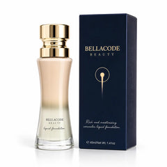 Bellacode Beauty Rich Moisturizing liquid foundation bottle with gold cap and navy blue box