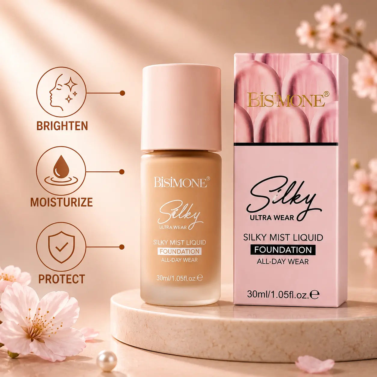Bisimone Silky Ultra Wear Foundation 30ml bottle with pink packaging box