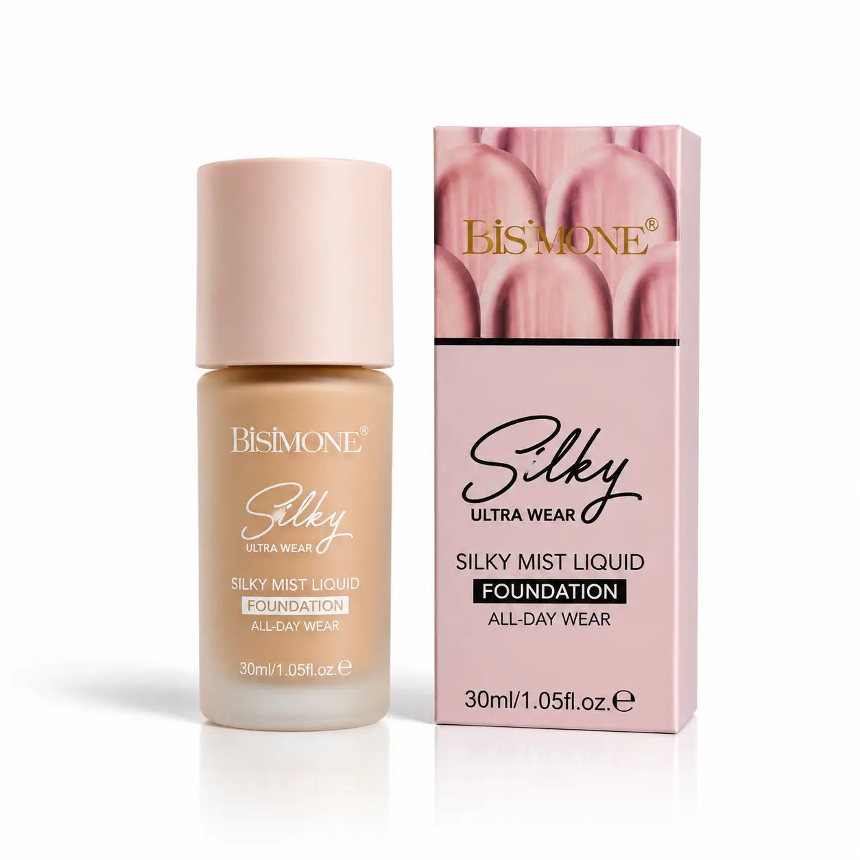 Bisimone Silky Ultra Wear Liquid Foundation 30ml bottle with pink packaging box