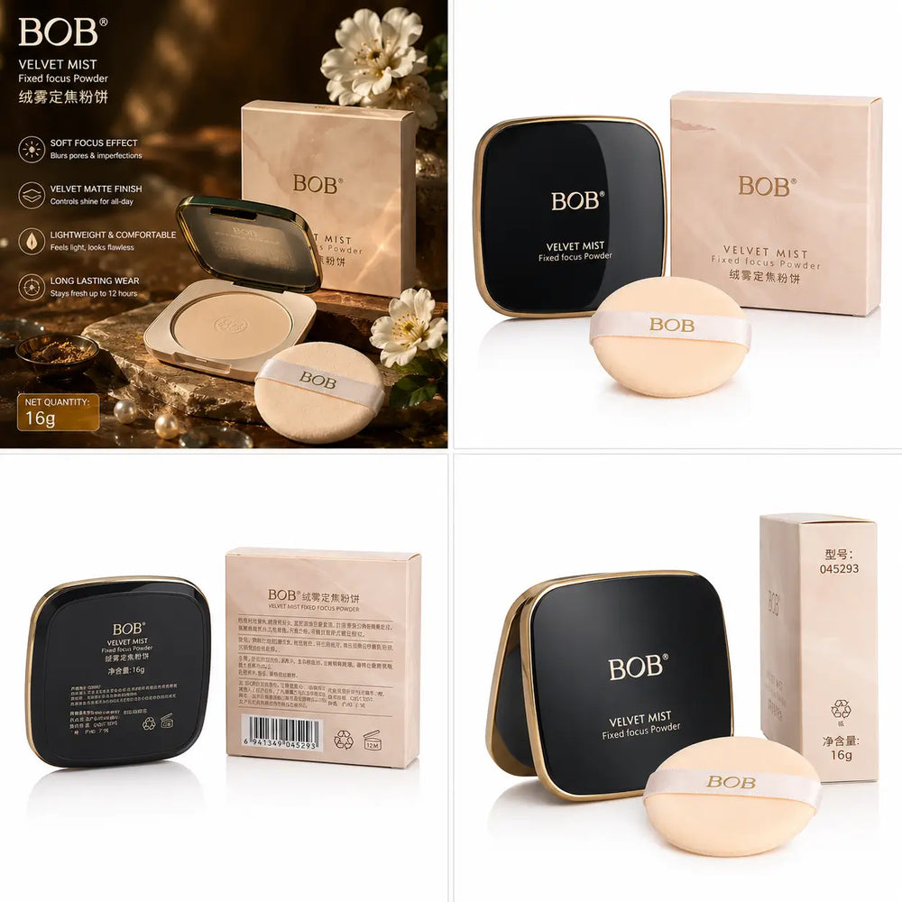 BOB Velvet Mist fixed focus powder product collage with compact, box and makeup puff