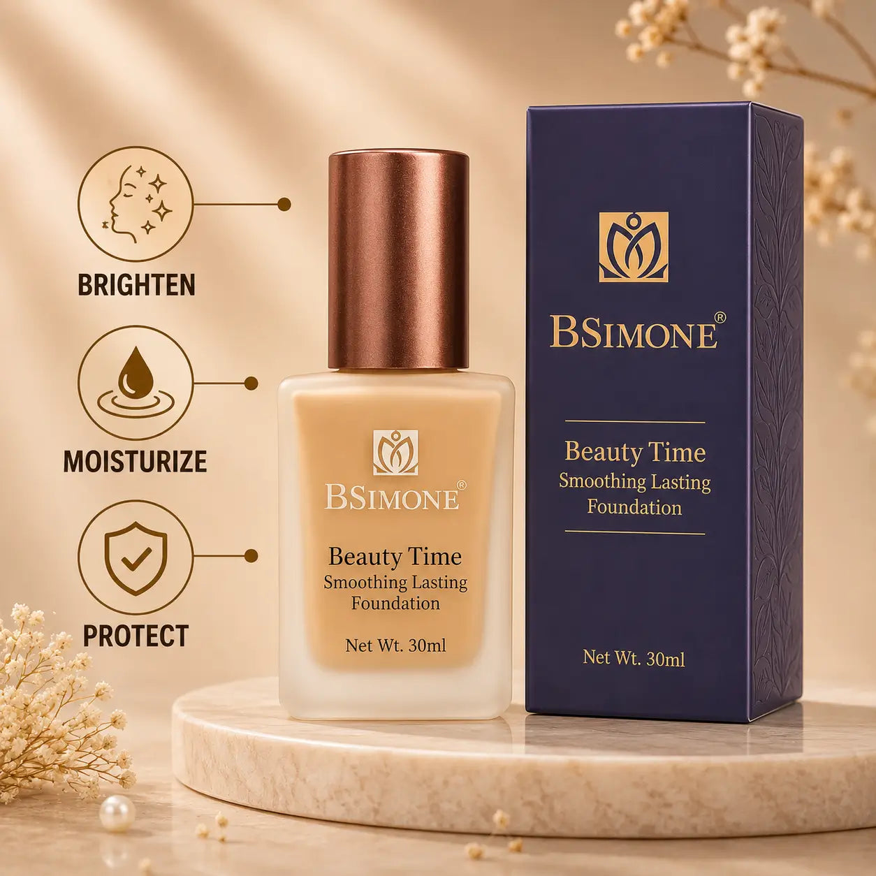 BSIMONE Beauty Time Smoothing Lasting Foundation 30ml bottle with dark blue packaging
