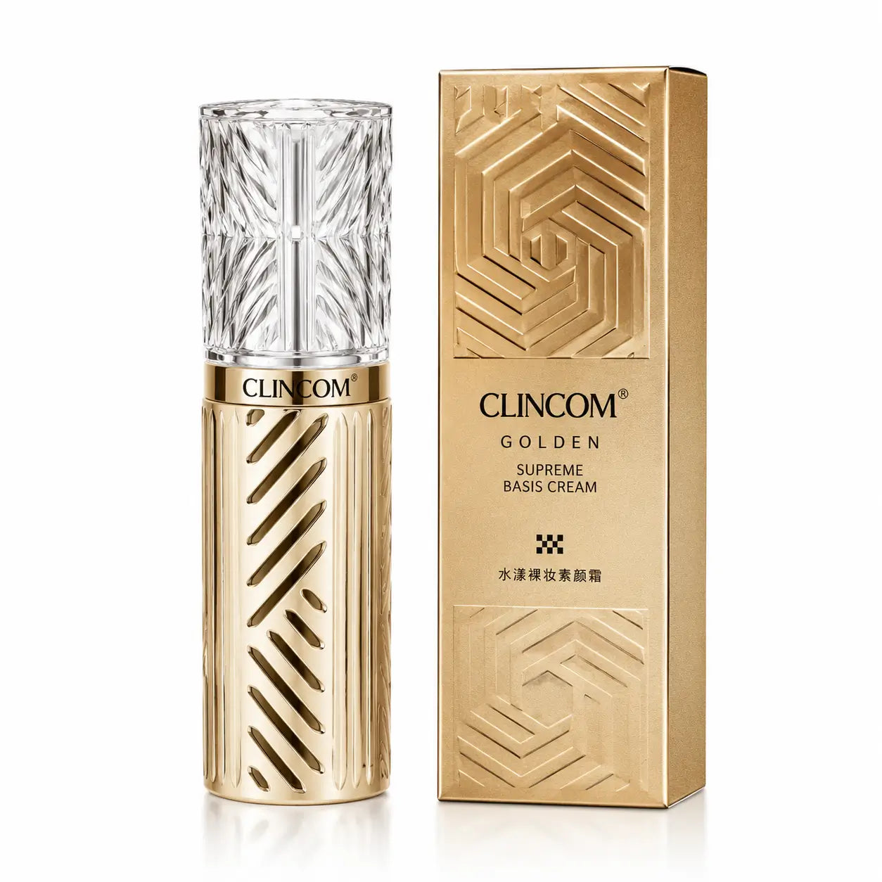 Clincom Golden Basis Cream cosmetic bottle with textured clear cap and gold finish