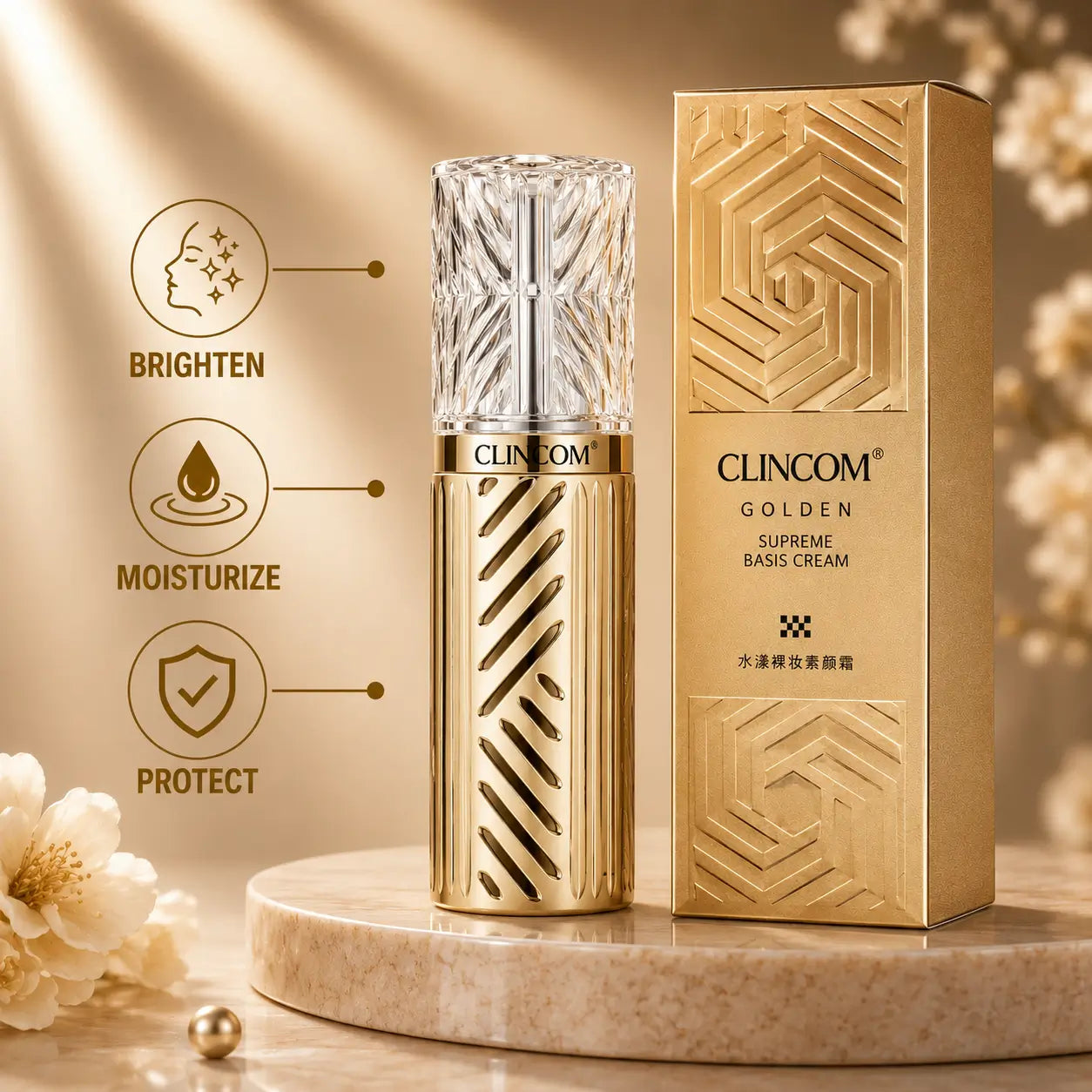 Clincom Golden Supreme Basis Cream with gold textured packaging and matching box