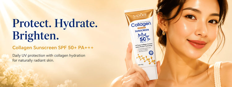 Collagen Sunscreen SPF 50+ PA+++ banner with woman holding sunscreen