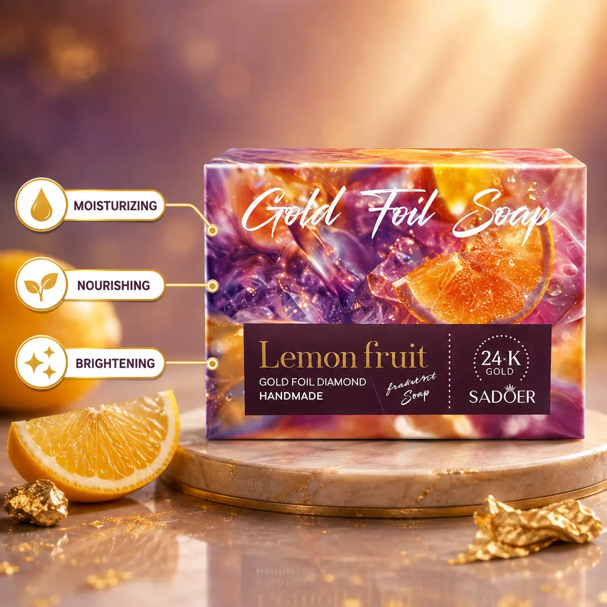 Gold foil lemon soap for skin brightening and moisturizing