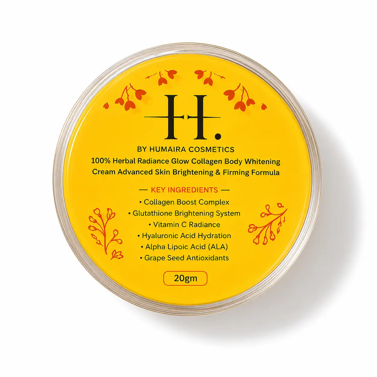 Top view of H Collagen Body Whitening Cream 20g lid showing key ingredients and brightening skincare formula