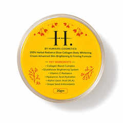 Top view of H Collagen Body Whitening Cream 20g lid showing key ingredients and brightening skincare formula
