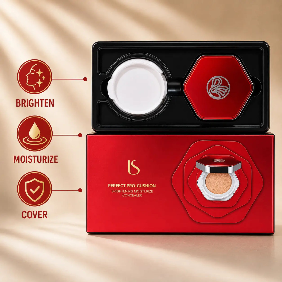IS Perfect Pro-Cushion Brightening Moisturizing Concealer Cushion Foundation with compact case and retail packaging, displayed on a marble pedestal with brightening, moisturizing, and full coverage benefits.