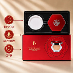 IS Perfect Pro-Cushion Brightening Moisturizing Concealer Cushion Foundation with compact case and retail packaging, displayed on a marble pedestal with brightening, moisturizing, and full coverage benefits.