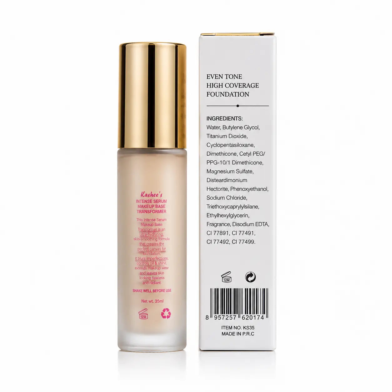 Kashees Even Tone High Coverage Foundation with frosted glass bottle and gold cap