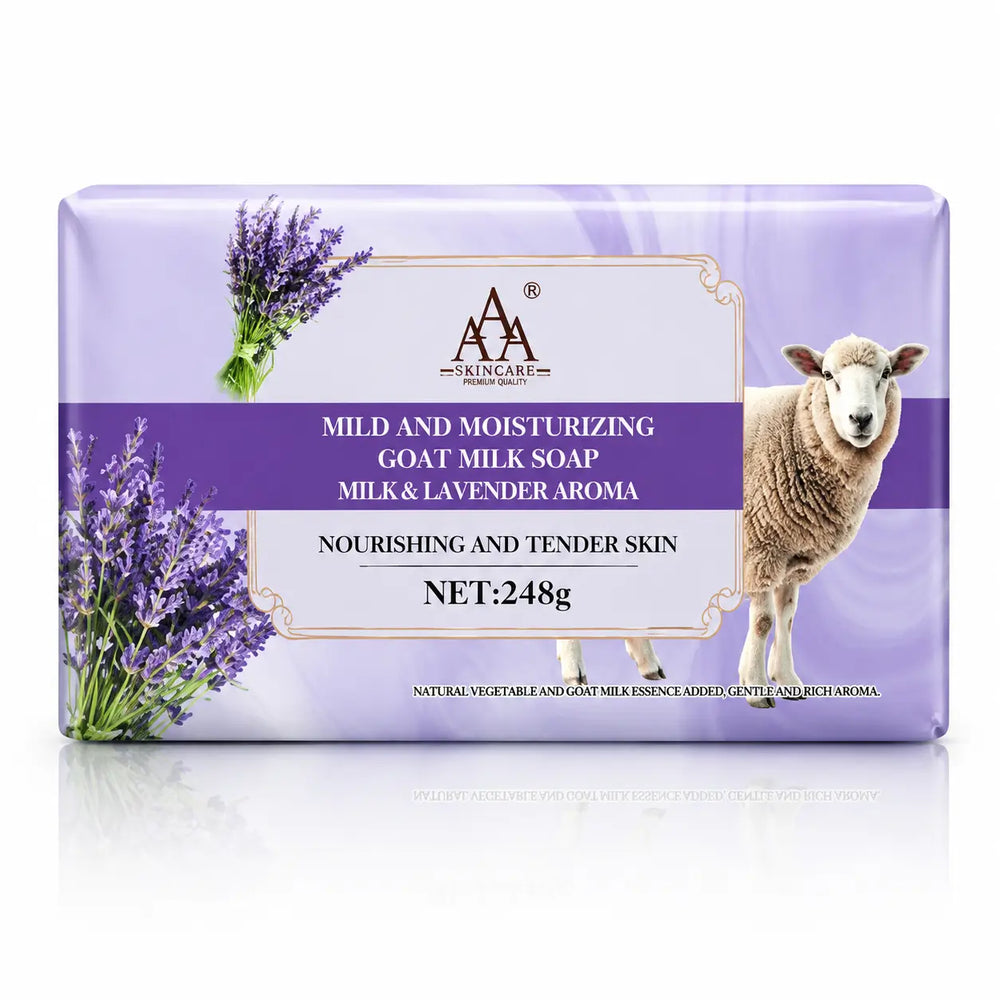 Kingare Goat Milk Triple Milled Soap with lavender aroma in a purple and white wrapper, featuring lavender flowers and a sheep illustration.