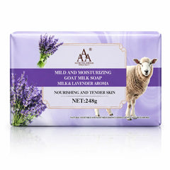 Kingare Goat Milk Triple Milled Soap with lavender aroma in a purple and white wrapper, featuring lavender flowers and a sheep illustration.