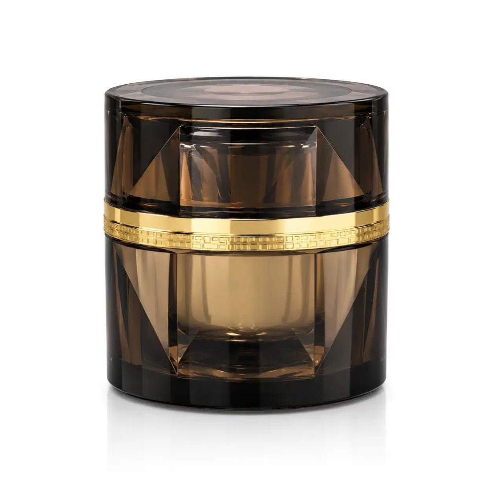 Empty KUGE Cordyceps Multi Effect Face Cream 50g amber cosmetic jar with gold band on a white background