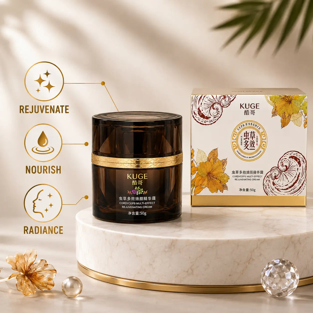 KUGE Cordyceps Multi Effect Face Cream jar with retail box for nourishing, rejuvenating, and radiant skin
