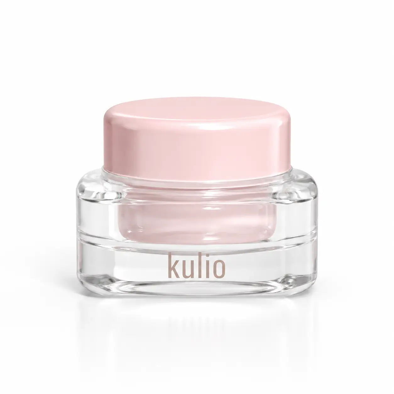 Kulio Moisturizing Face Cream in a clear glass jar with a soft pink lid on a white background.