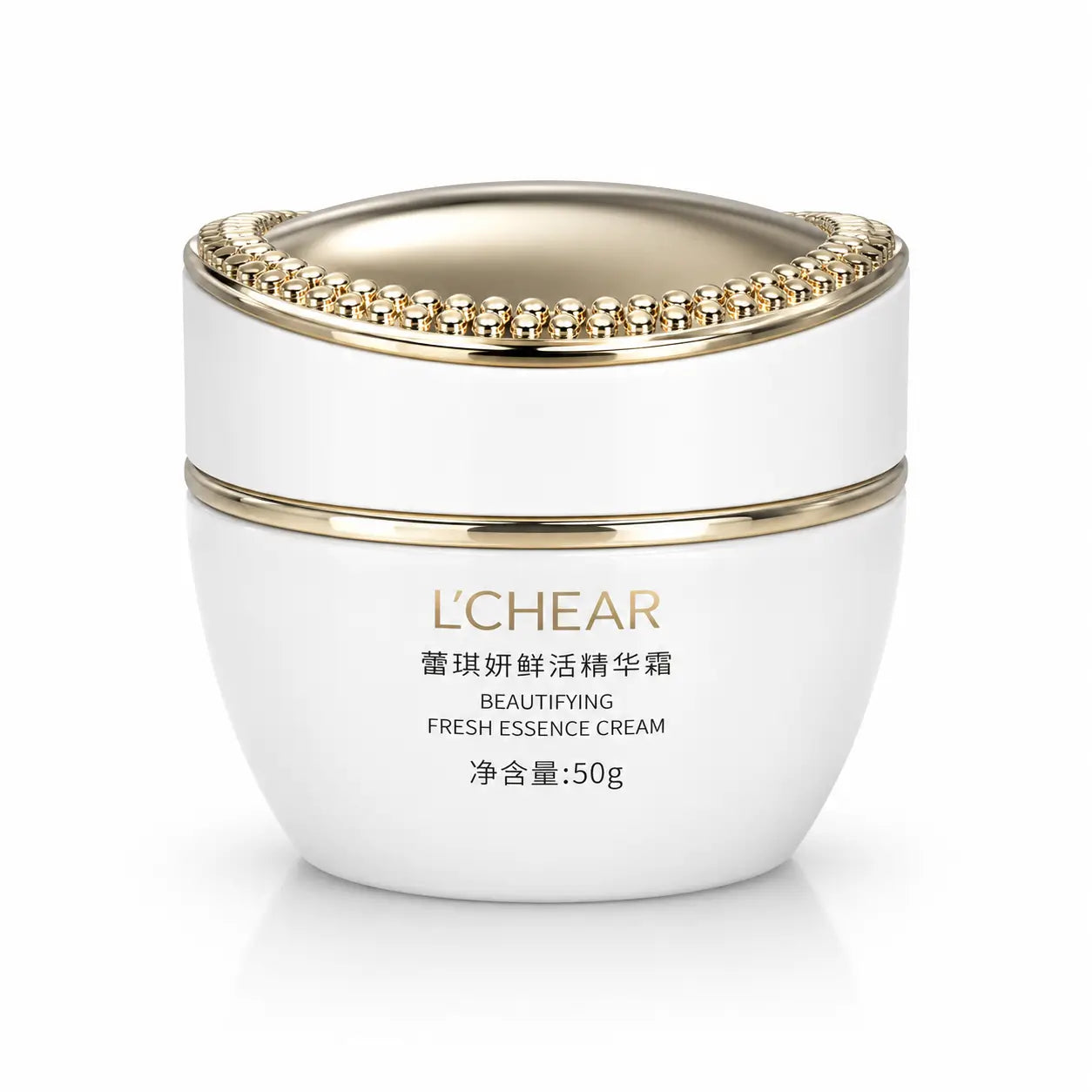 Front view of L'CHEAR Platinum Fresh Essence Face Cream 50g jar for hydrating, firming, and brightening skin