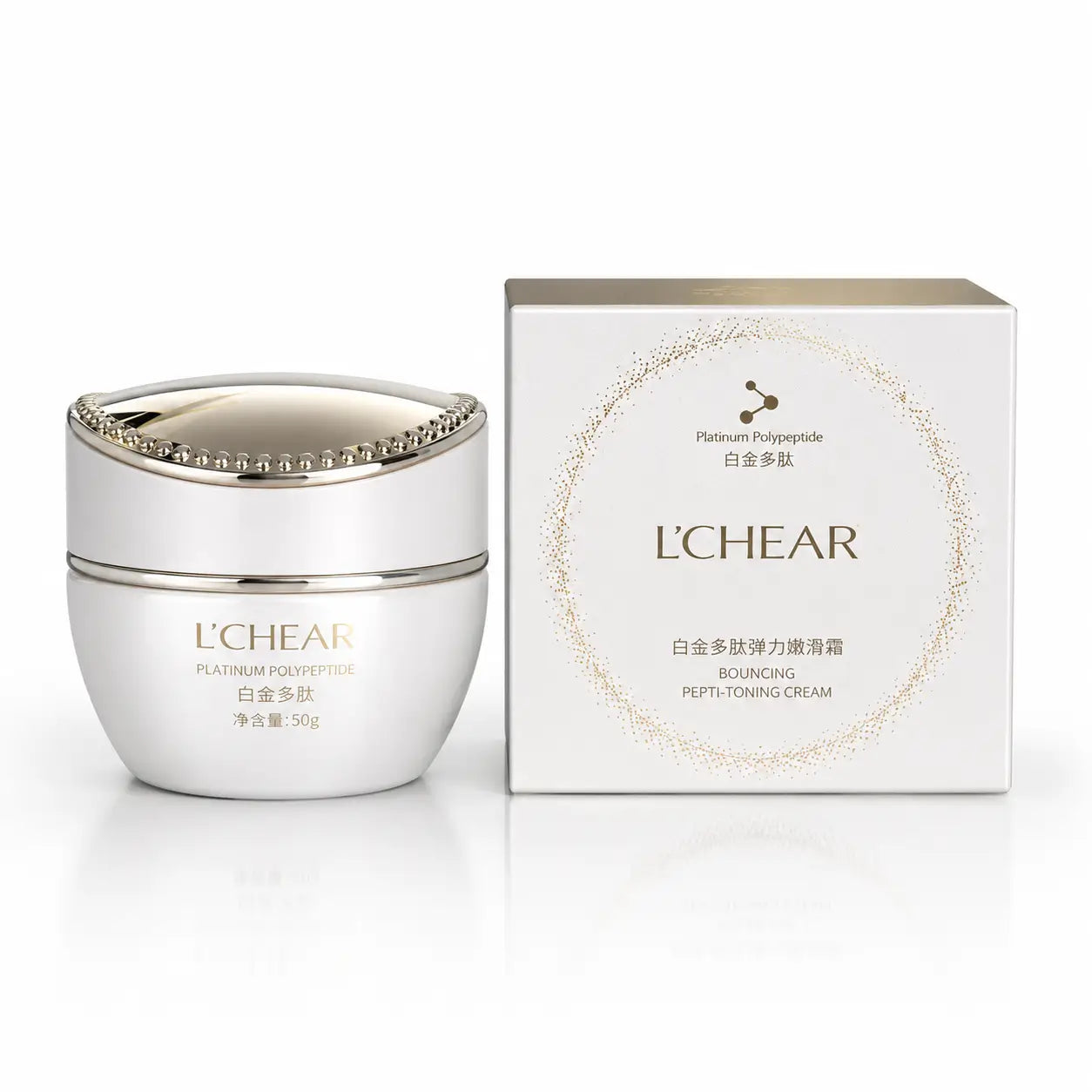 L'CHEAR Platinum Fresh Essence Face Cream 50g jar with retail box for hydrating, firming, and brightening skin