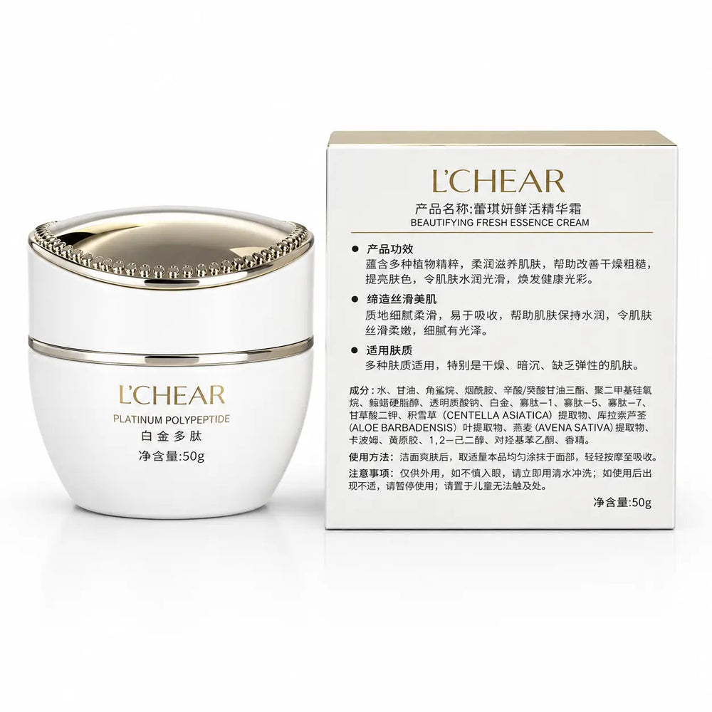 Back view of L'CHEAR Platinum Fresh Essence Face Cream jar and retail box showing ingredients, directions, and product information