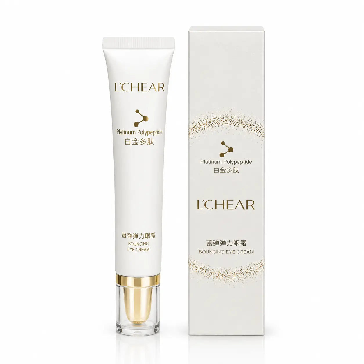 L'CHEAR Platinum Polypeptide Eye Cream tube with retail box for brightening, hydrating, and firming the under-eye area