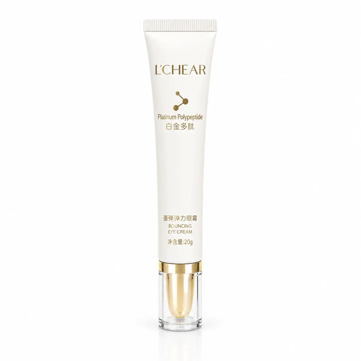 Front view of L'CHEAR Platinum Polypeptide Eye Cream tube for brightening, hydrating, and firming the under-eye area