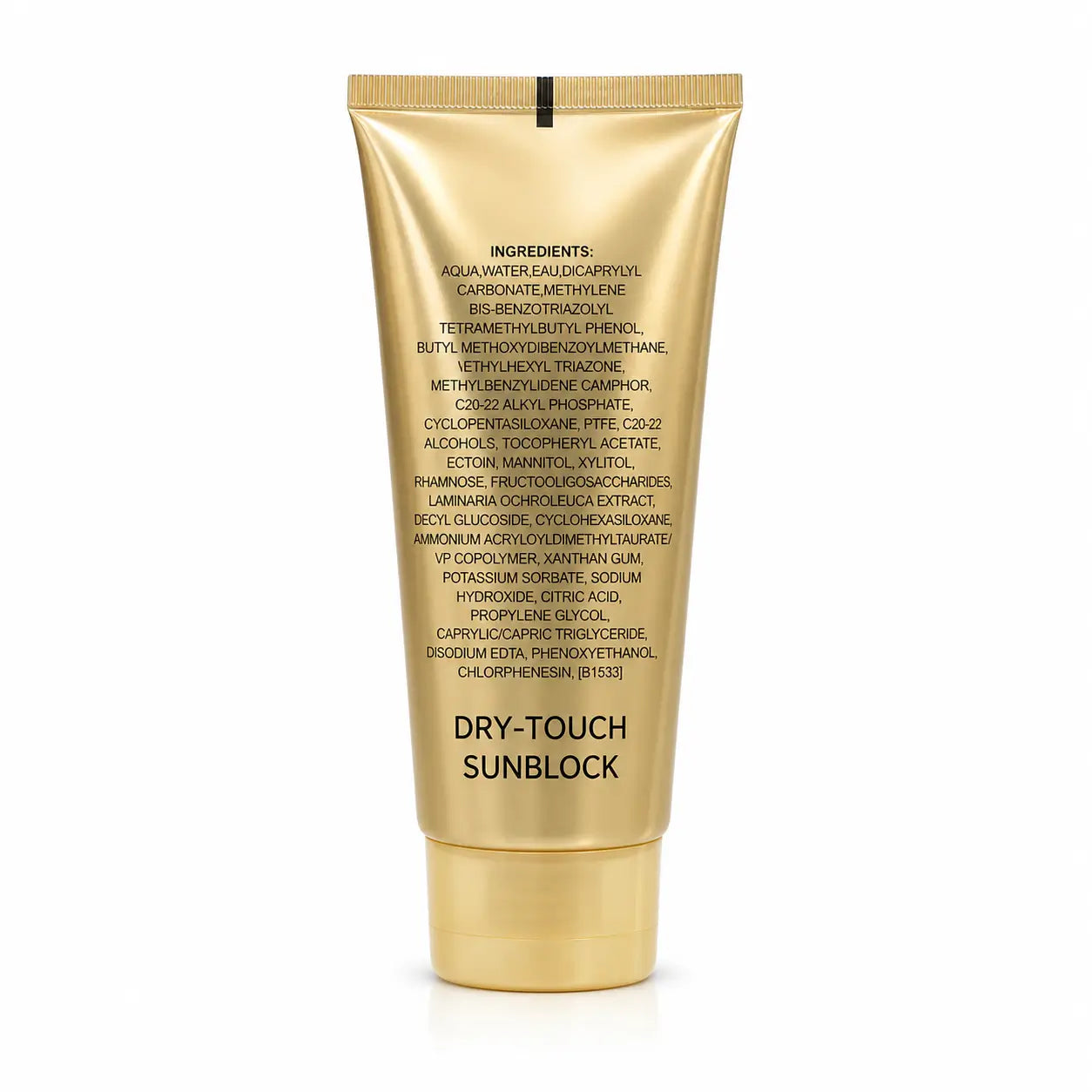 Back view of Lady Model Collagen Ultra SPF 90+ Dry Touch Sunscreen tube showing ingredients, directions, and product information
